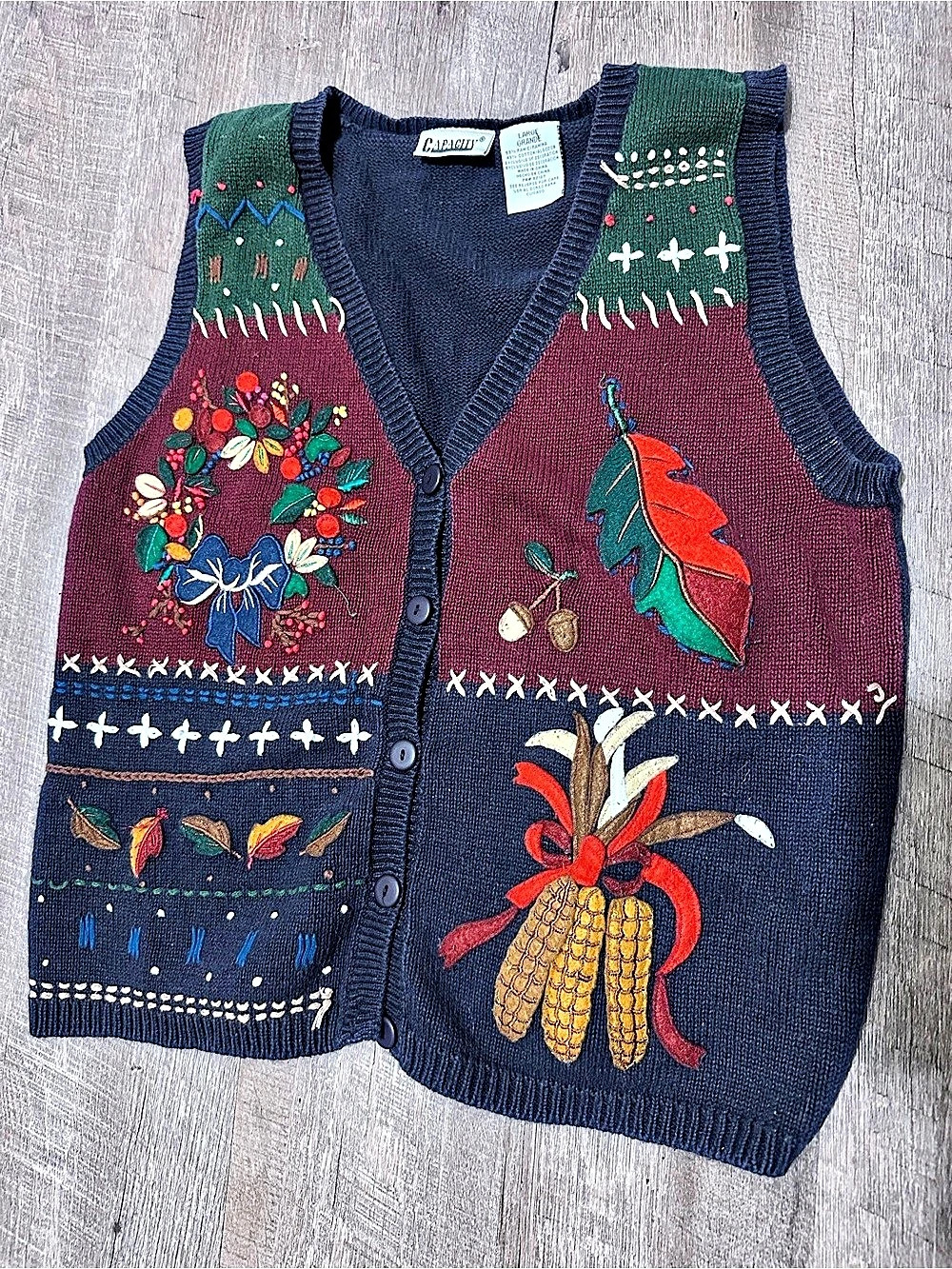 Vintage Capacity Embroidered V-Neck Harvest Sweater Vest in Blue & Burgundy